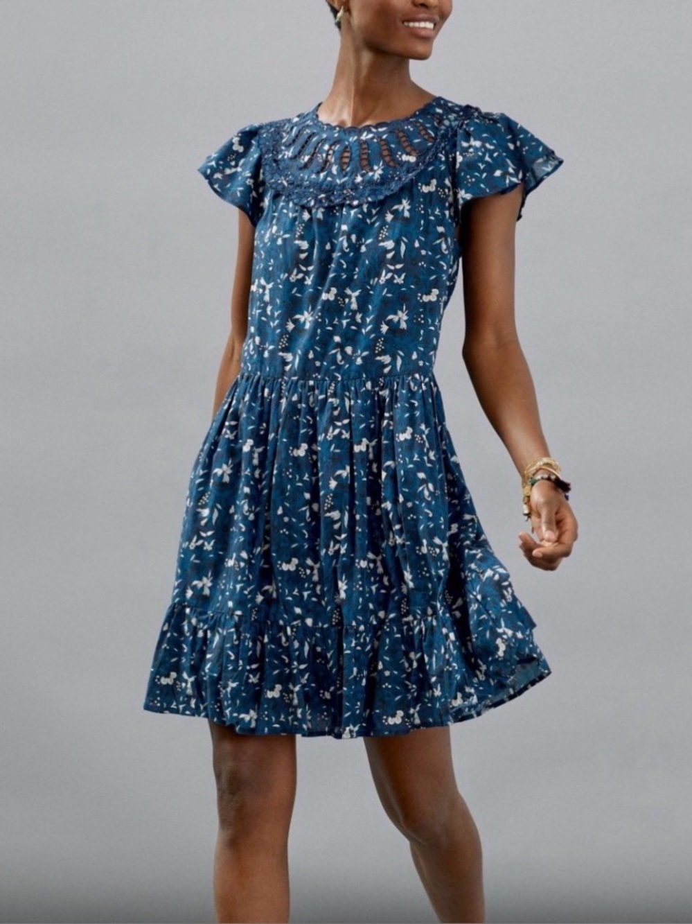 Navy Floral Crochet Yoke Mini Dress Anthropologie Othilia